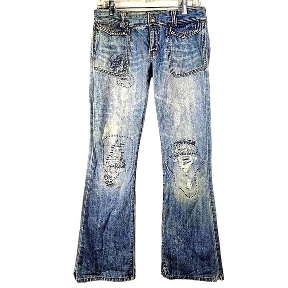 Abercrombie & Fitch Women 2 Flare Jean Cotton Blue Distressed Patch Y2K Boho Vtg - Picture 3 of 8